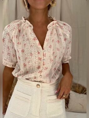 Eyelet Cream Floral Button-Front Blouse